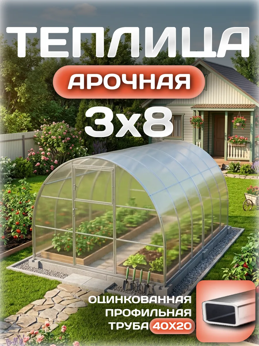Теплица арочная 3х8 м, каркас 40х20, шаг дуг 0.65 м усиленная с поликарбонатом 4 мм, стандарт