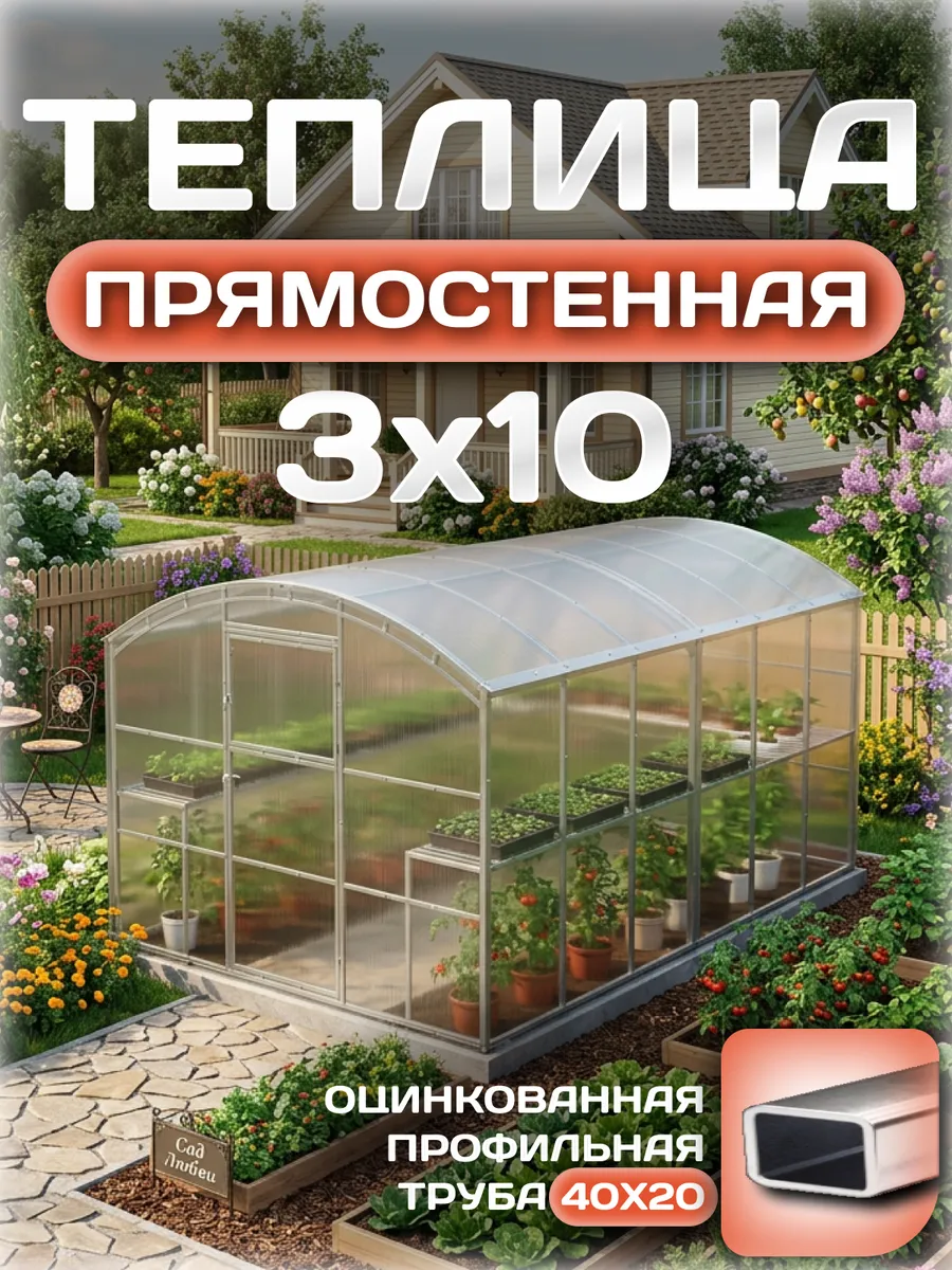 Теплица прямостенная 3х10 м, каркас 25х25, шаг дуг 0.65 м усиленная с поликарбонатом 4 мм 0,60 кг/м²
