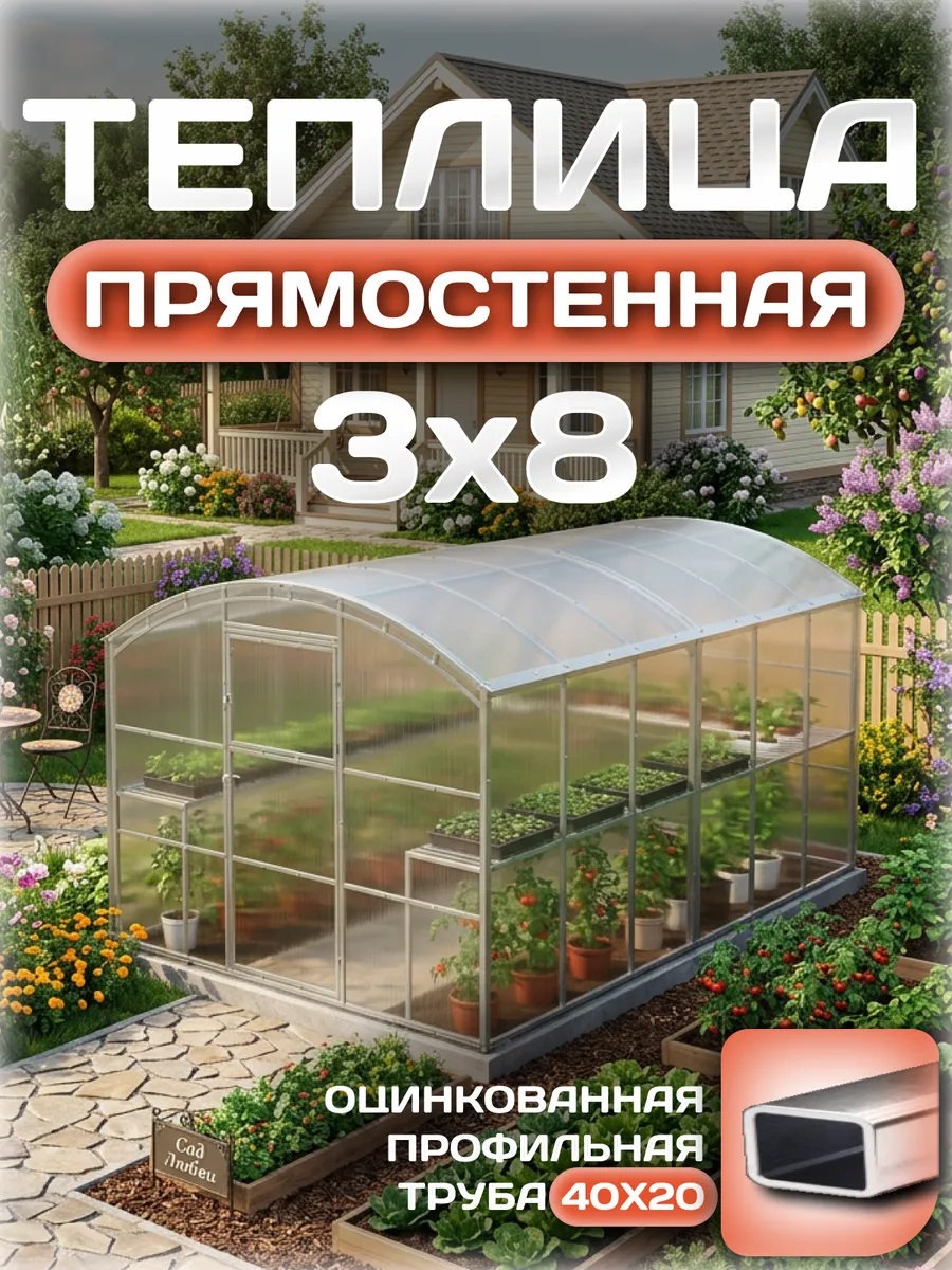 Теплица прямостенная 3х8 м, каркас 40х20, шаг дуг 0.65 м усиленная с поликарбонатом 4 мм, стандарт